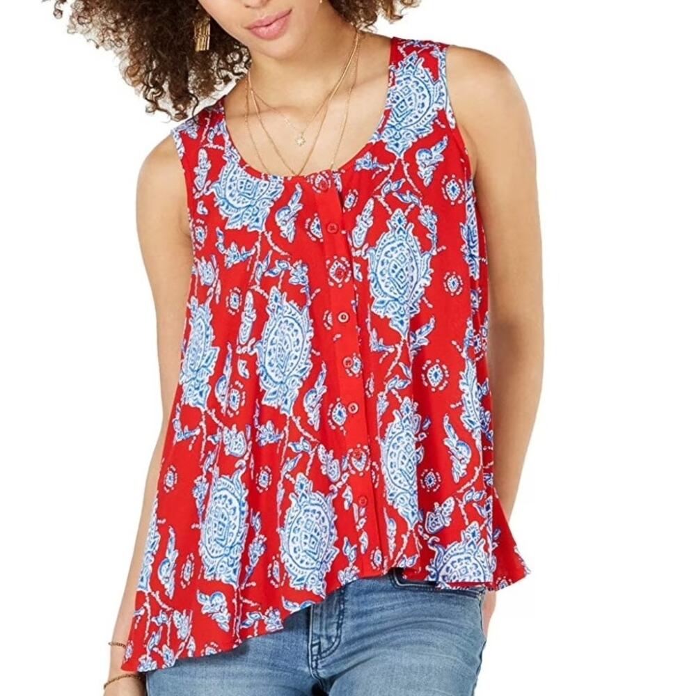 Style & Co Paisley Swing Tank Womens Size Small Petite Red White Blue Top